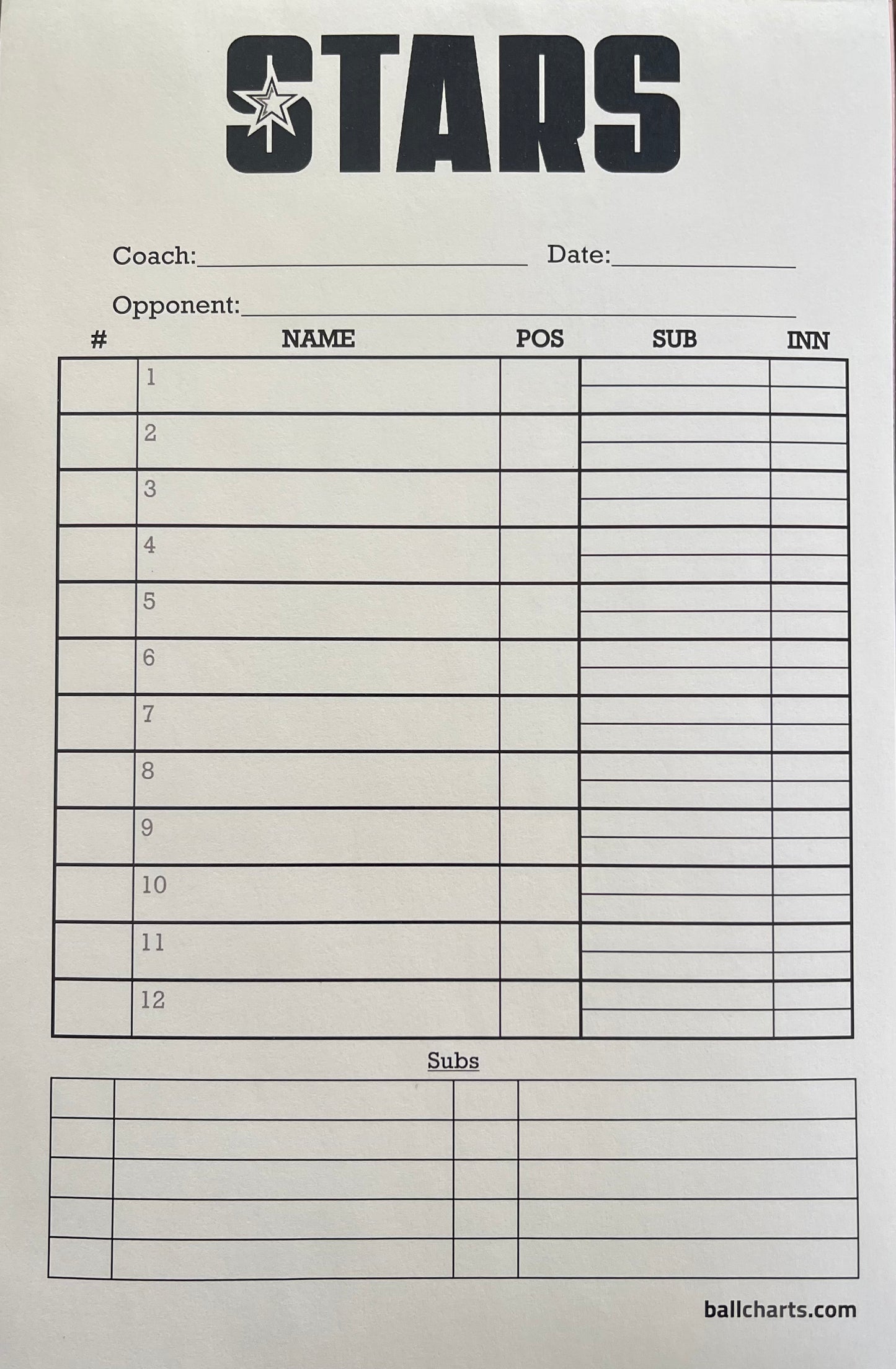 Lineup Cards - Pack of 25